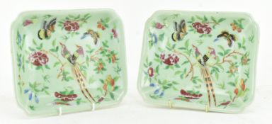 PAIR OF QING CELADON FAMILLE ROSE PLATES 清 豆青釉广彩花鸟盘一对