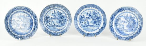 FOUR QING DYNASTY BLUE AND WHITE PLATES 清 青花山水碟一组四件