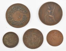 FIVE ASSORTED CASH COINS INCLUDING INDIAN / THAI / OTTOMAN ETC