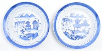 PAIR OF QING DYNASTY BLUE AND WHITE CHARGERS 清 青花山水盘一对