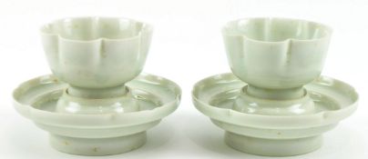 PAIR OF QING QINGBAI PORCELAIN CUP AND STAND 宋 青白釉莲瓣盏及盏托