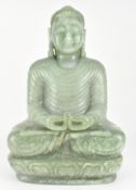 LARGE CELADON JADE FIGURE OF SEATED BUDDHA 玉雕佛坐像