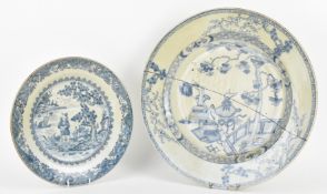 TWO QING DYNASTY BLUE AND WHITE CHARGERS 清 青花博古和山水盘一组