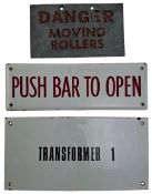 THREE MID CENTURY INDUSTRIAL FACTORY SIGNS, TWO ENAMEL