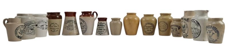 VINTAGE ADVERTISING. COLLECTION OF FIFTEEN STONEWARE CREAM JUGS, NAMED