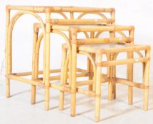 MID CENTURY BAMBOO & GLASS NEST OF THREE TABLES