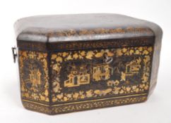 19TH CENTURY CANTON LACQUERED BOX WITH GILT ORIENTAL DESIGN