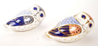ROYAL CROWN DERBY - TWO OWL PAPERWEIGHTS - PLATINUM OWL