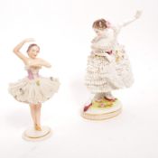 VOLKSTEDT - EARLY 20TH CENTURY CRINOLINE FIGURE WITH ANOTHER