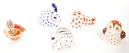 ROYAL CROWN DERBY - FIVE ANIMAL PAPERWEIGHTS INCL. RABBIT