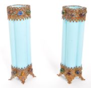 PAIR OF VICTORIAN BLUE OPAQUE GLASS & BRASS STEM VASES