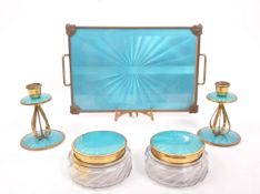 1920S AQUA BLUE GUILLOCHE ENAMEL ART DECO DRESSING TABLE SET