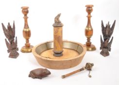 COLLECTION OF ETHNIC WOODEN ITEMS - PRAYER WHEEL / CANDLESTICKS