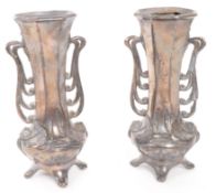 PAIR OF ART NOUVEAU PEWTER GERMAN VASES WITH RELIEF BIRDS