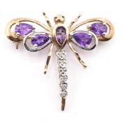 HALLMARKED 9CT GOLD AMETHYST & DIAMOND DRAGONFLY BROOCH PIN