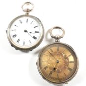 TWO SILVER OPEN FACE POCKET WATCHES