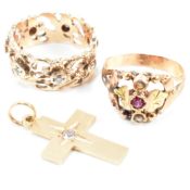 TWO GOLD RINGS & A CROSS PENDANT