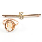 9CT GOLD & SEED PEARL S INITIAL BROOCH PIN & GOLD CAMEO RING
