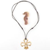 LALIQUE GOLD TONE METAL PENDANT NECKLACE & SEAHORSE BROOCH
