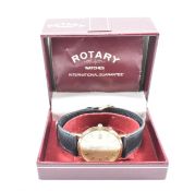 9CT GOLD ROTARY WRISTWATCH WITH BLACK LEATHER STRAP