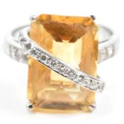 18CT WHITE GOLD DIAMOND & CITRINE RING