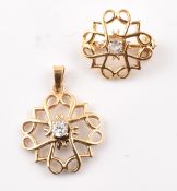 9CT GOLD & WHITE STONE NECKLACE PENDANT & BROOCH PIN SUITE