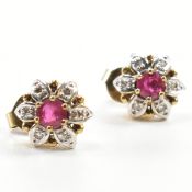 PAIR OF HALLMARKED 9CT GOLD RUBY & DIAMOND CLUSTER EARRINGS