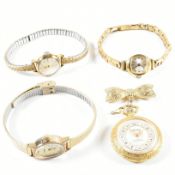 THREE GOLD TONE METAL WRISTWATCHES & BROOCH WATCH
