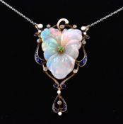 EDWARDIAN OPAL DIAMOND GARNET & PEARL PENDANT NECKLACE