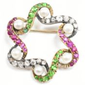 DEMANTOID GARNET & RUBY & DIAMOND & PEARL BROOCH PIN