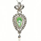 EDWARDIAN GUILLOCHE ENAMEL DIAMOND & PEARL PENDANT NECKLACE