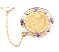 GEORGE III SPADE GUINEA IN GOLD AMETHYST & DIAMOND MOUNT