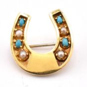 19TH CENTURY GOLD TURQUOISE & PEARL HORSESHOE BROOCH PIN