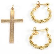 PAIR OF 9CT GOLD CHAIN EARRINGS & 9CT GOLD CROSS PENDANT