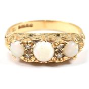HALLMARKED 18CT GOLD OPAL & DIAMOND THREE STONE RING