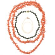 THREE NECKLACES INCLUDING CORAL & NEPHRITE & SIMULATED PEARL