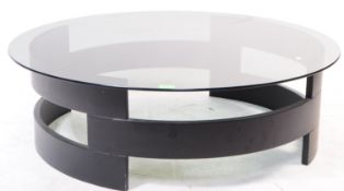 CONTEMPORARY SMOKED GLASS & WOODEN COFFEE TABLE