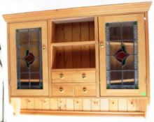 VINTAGE 20TH CENTURY PINE STAINED GLASS CABINET / TOPPER