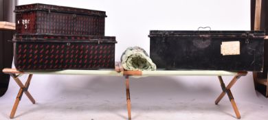 THREE MILITARY METAL STORAGE BOXES W/ CAMPAIGN BED