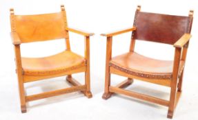 ARTS & CRAFTS OAK & LEATHER FIRESIDE ARMCHAIRS