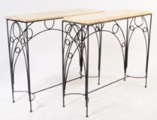 PAIR OF VINTAGE 20TH CENTURY MARBLE & IRON HALL TABLES