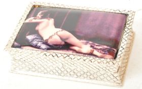 20TH CENTURY SILVER PLATE NUDE PICTURE ENAMEL PILL BOX