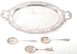 20TH CENTURY LARGE SILVER PLATED TRAY & TWO SPOONS
