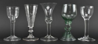 COLLECTION OF FIVE 18TH CENTURY & LATER WINE GLASSES