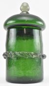 VICTORIAN 19TH CENTURY GREEN GLASS LIDDED POT WITH RIGAREE