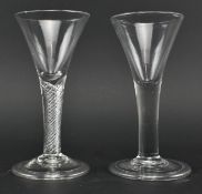 TWO MID 18TH CENTURY WINE GLASSES EACH WITH TRUMPET BOWL