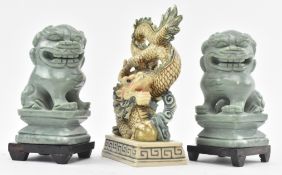 PAIR OF VINTAGE JADEITE STYLE CHINESE FU FIGURES & ONE OTHER