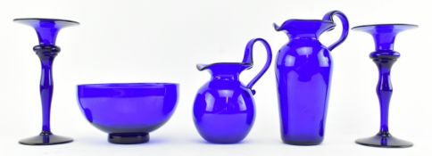 BRISTOL BLUE - FIVE PIECES OF BRISTOL BLUE GLASSWARE