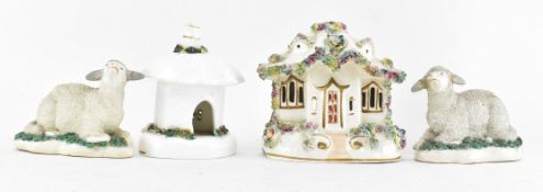 TWO 19TH CENTURY PEARLWARE SHEEP FIGURINES & TWO BURNERS