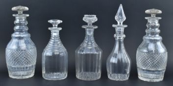 FIVE EARLY 19TH CENTURY CUT GLASS DECANTERS